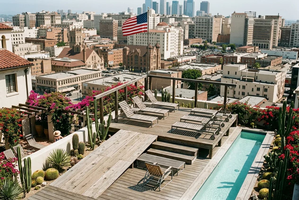 Spanish Colonial Revival hotel courtyard with a coffin-shaped pool, palm shadows, and lounge chairs in Downtown Los Angeles.