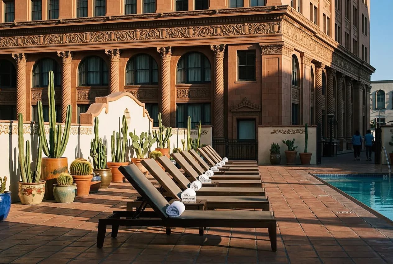 Reserved poolside lounge chairs beside cacti and bougainvillea along a Downtown LA hotel pool deck.