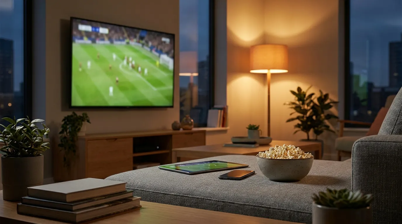 A living room TV showing a football field with a tablet and phone on the couch beside it