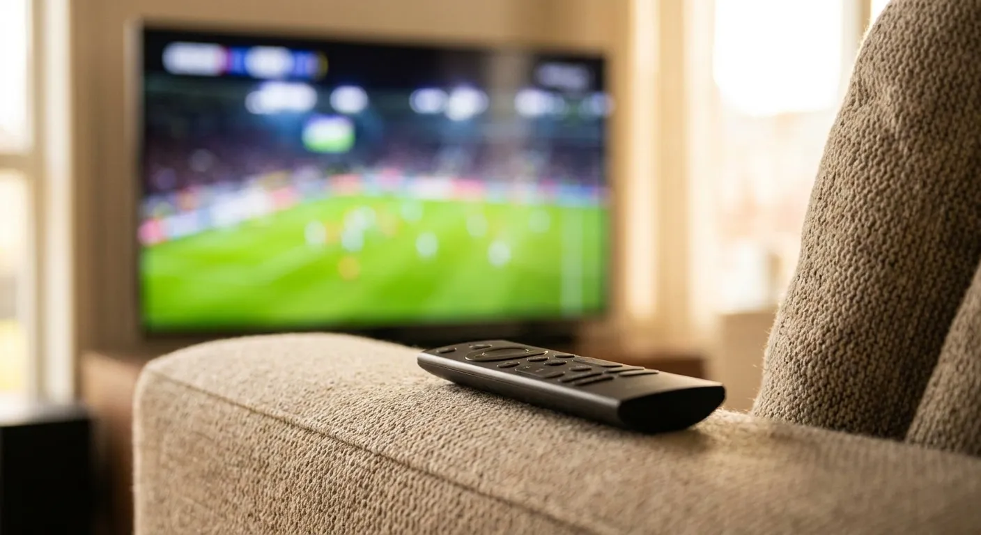 A remote control resting on a couch arm with a blurred bright sports broadcast in the background