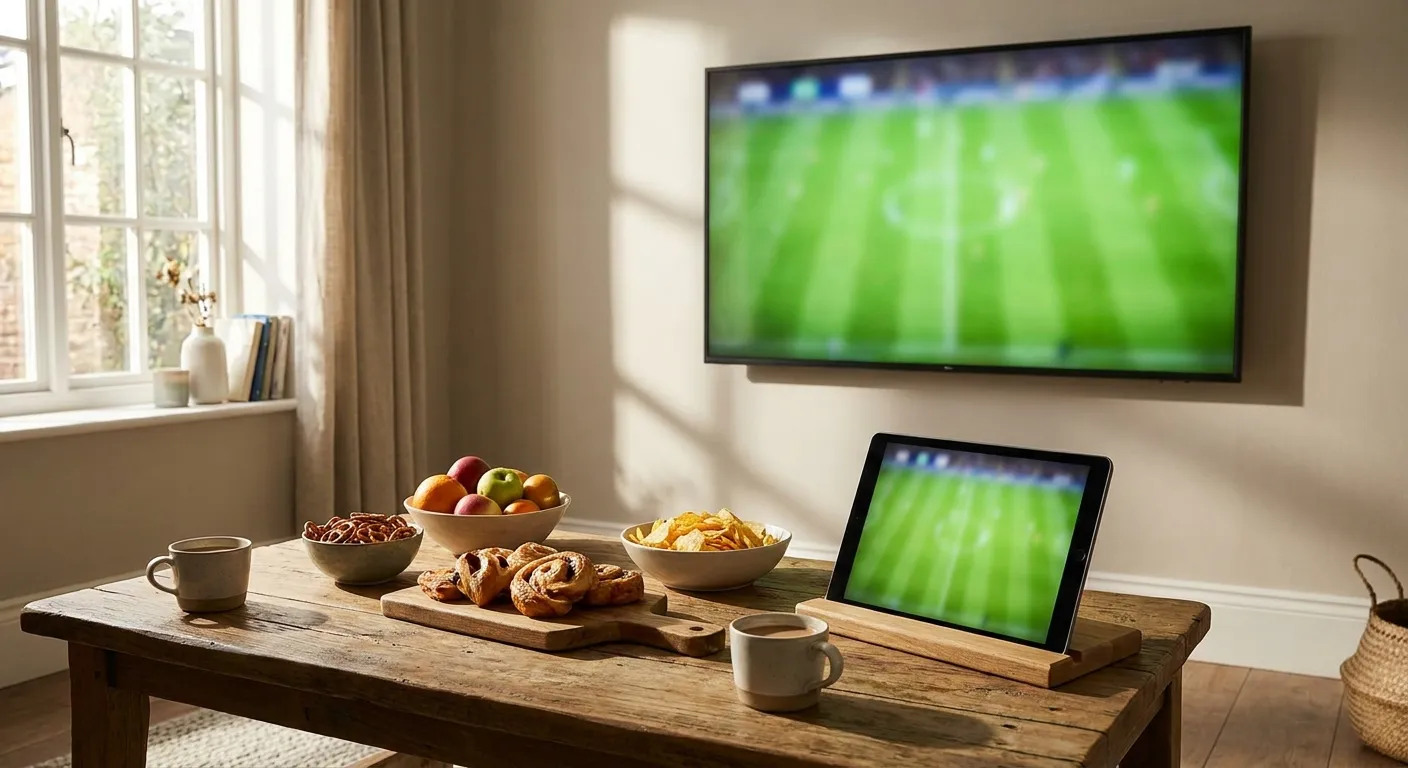 A wall-mounted TV and a tablet both glowing with football over a coffee table spread