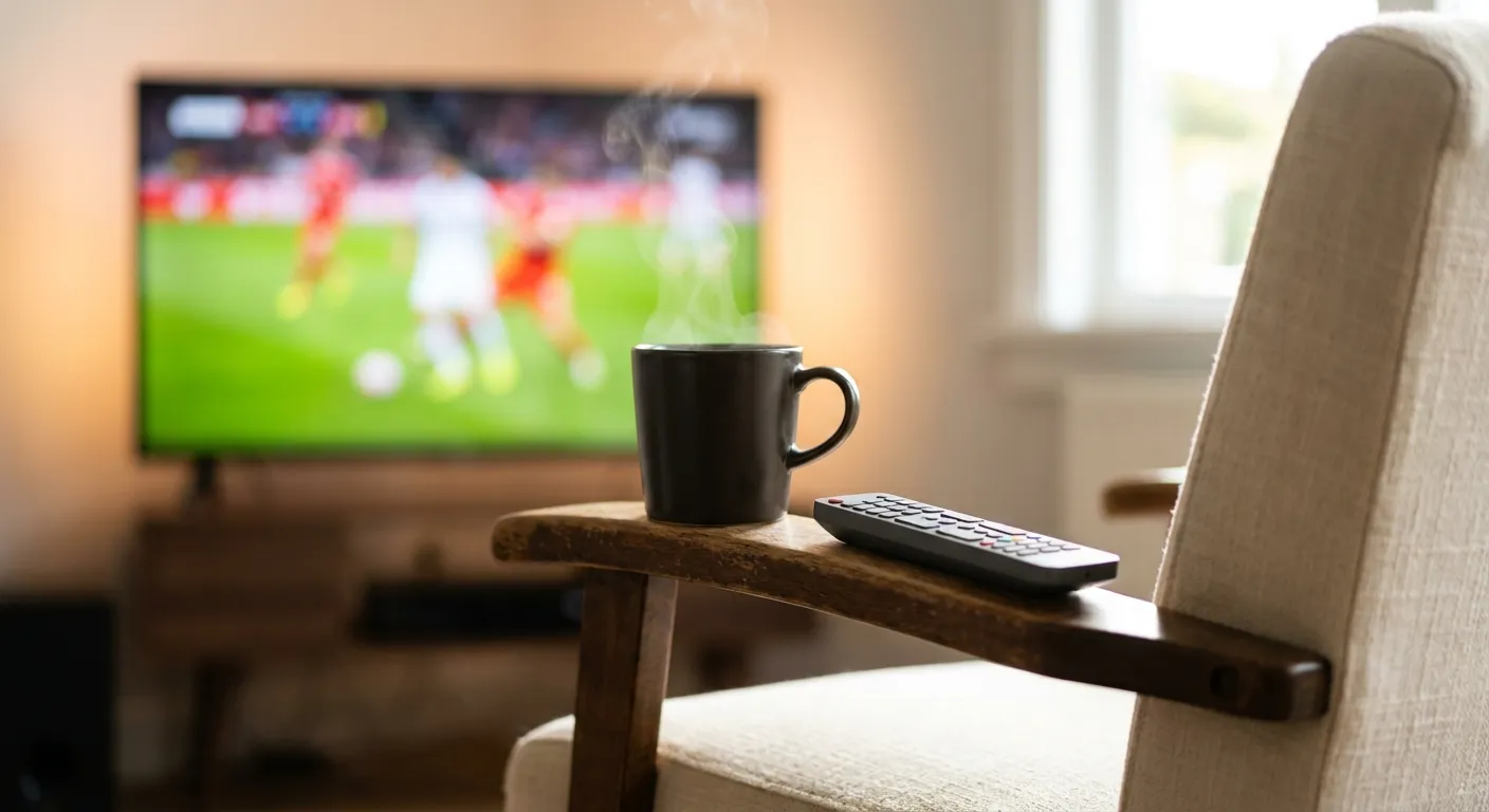 A remote and coffee on a wooden arm of a sofa with a bright soccer broadcast in soft background