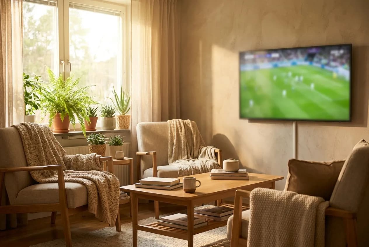 A cozy living room morning scene with sunlight and a soccer match on a wall TV