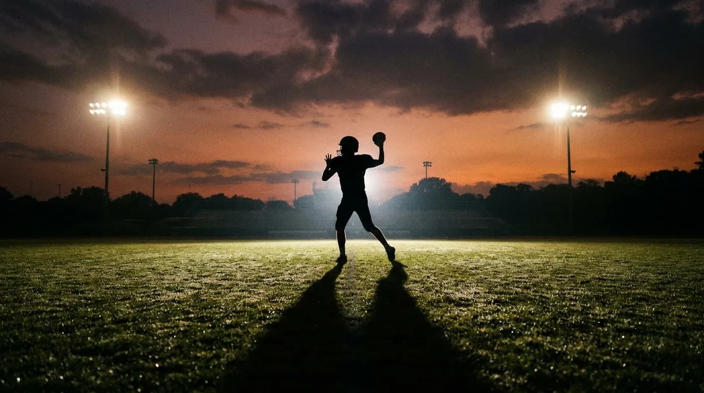 A lone quarterback silhouette throwing at dusk on an empty practice field under stadium lights