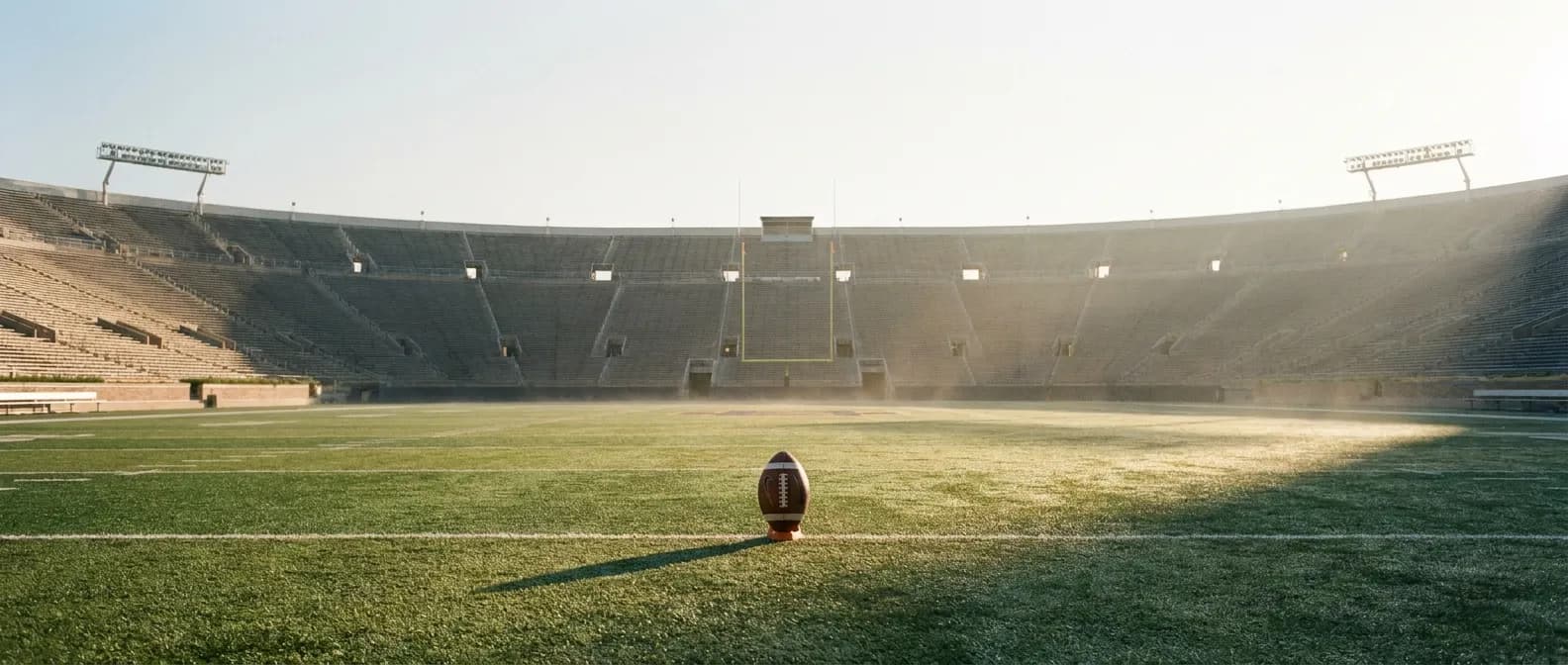 A football resting on a tee at the fifty yard line of an empty stadium at dawn