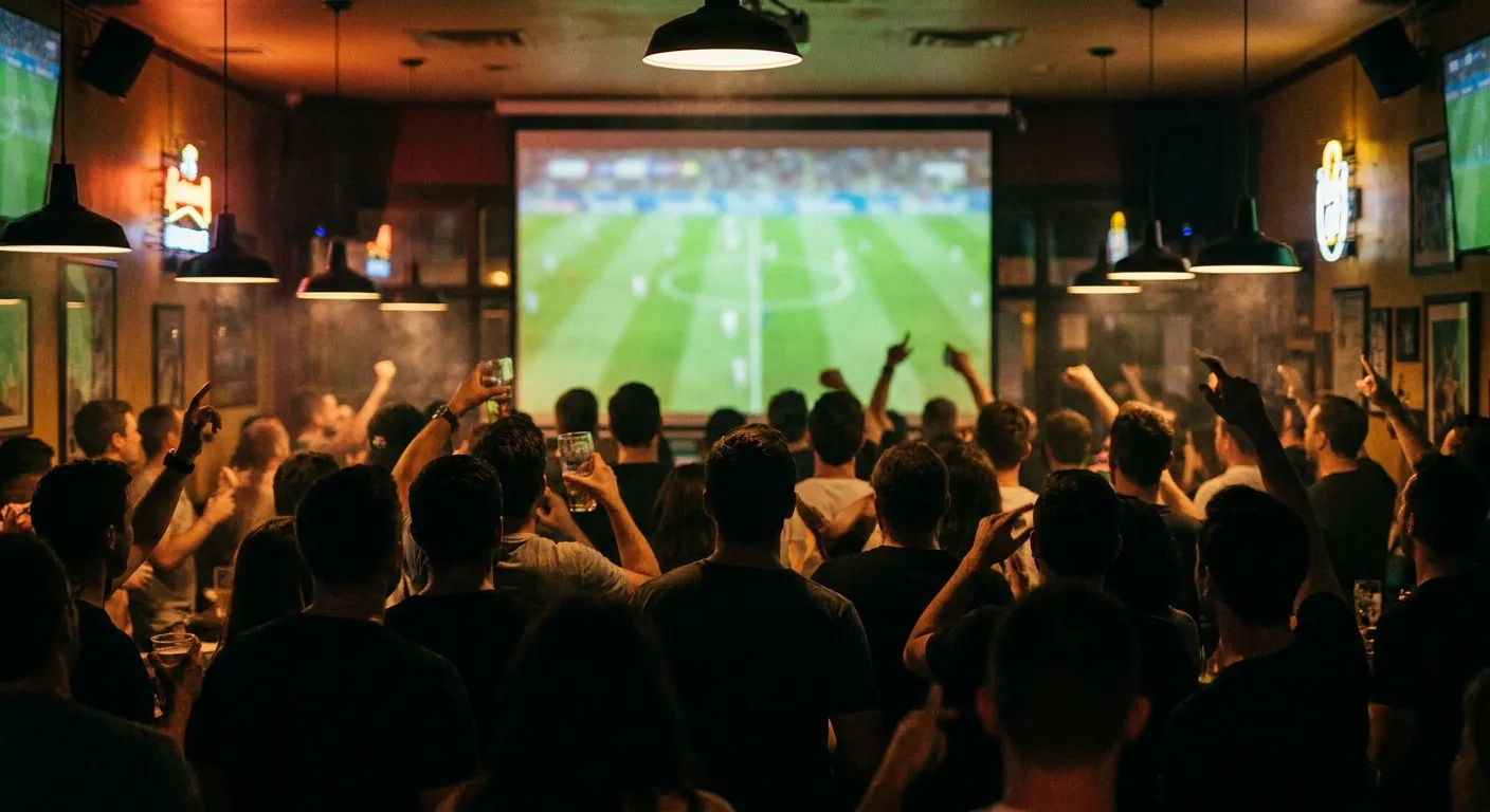 Crowded sports bar seen from behind with a bright green field glowing on a large screen