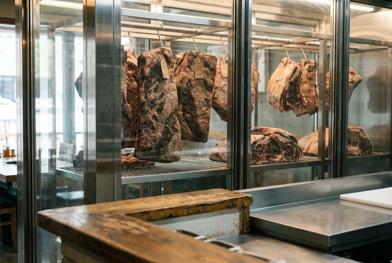 Interior view of Baekjeong's glass-walled butcher room displaying dry-aged beef cuts on hooks and racks with prep counter in foreground.