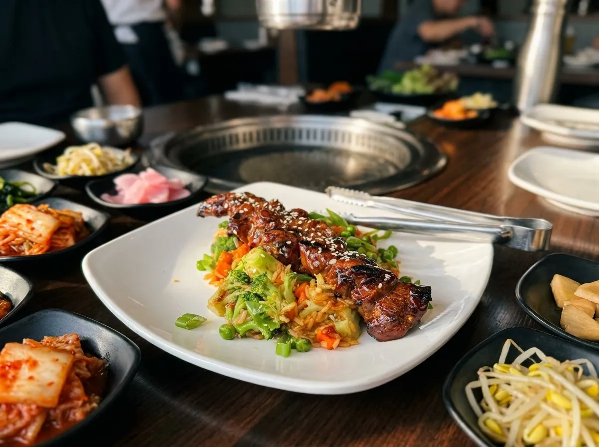 Tabletop grill loaded with marinated short ribs and pork belly at a busy Koreatown Korean BBQ restaurant.