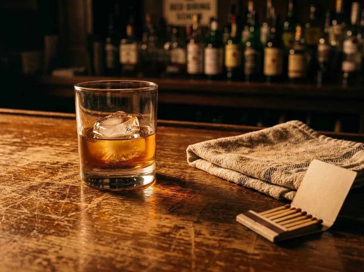 A short glass of whiskey over a single large ice cube on a scarred wooden bar with a folded towel and a book of matches beside it
