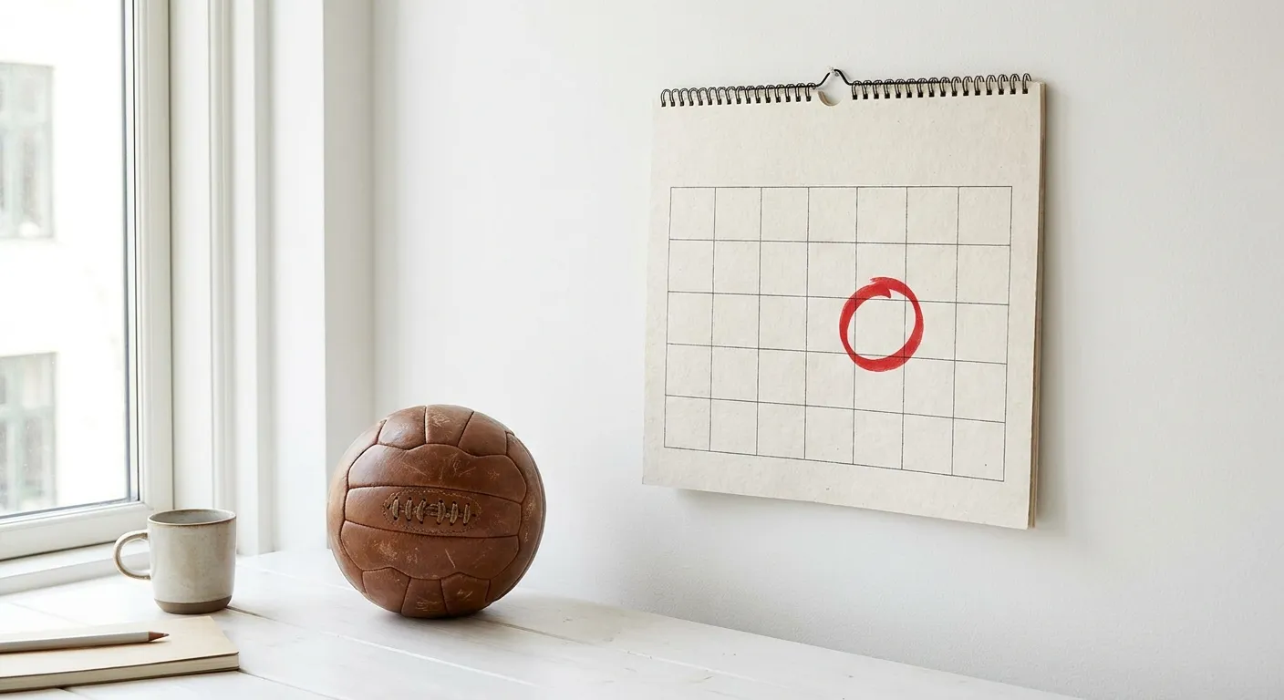 A calendar page with a red circle drawn around a date beside a small soccer ball