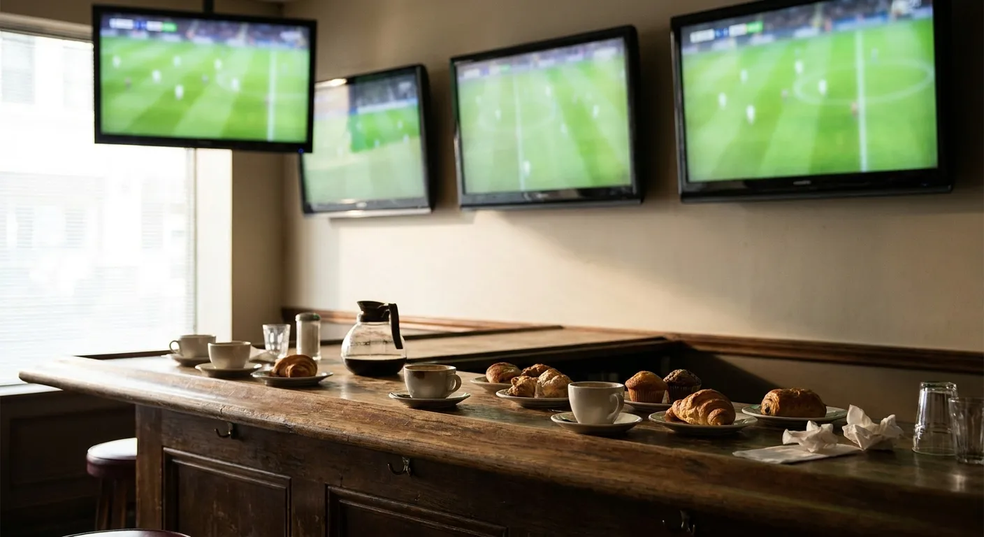 Multiple screens in a bar each showing different soccer matches with morning coffee on the bar