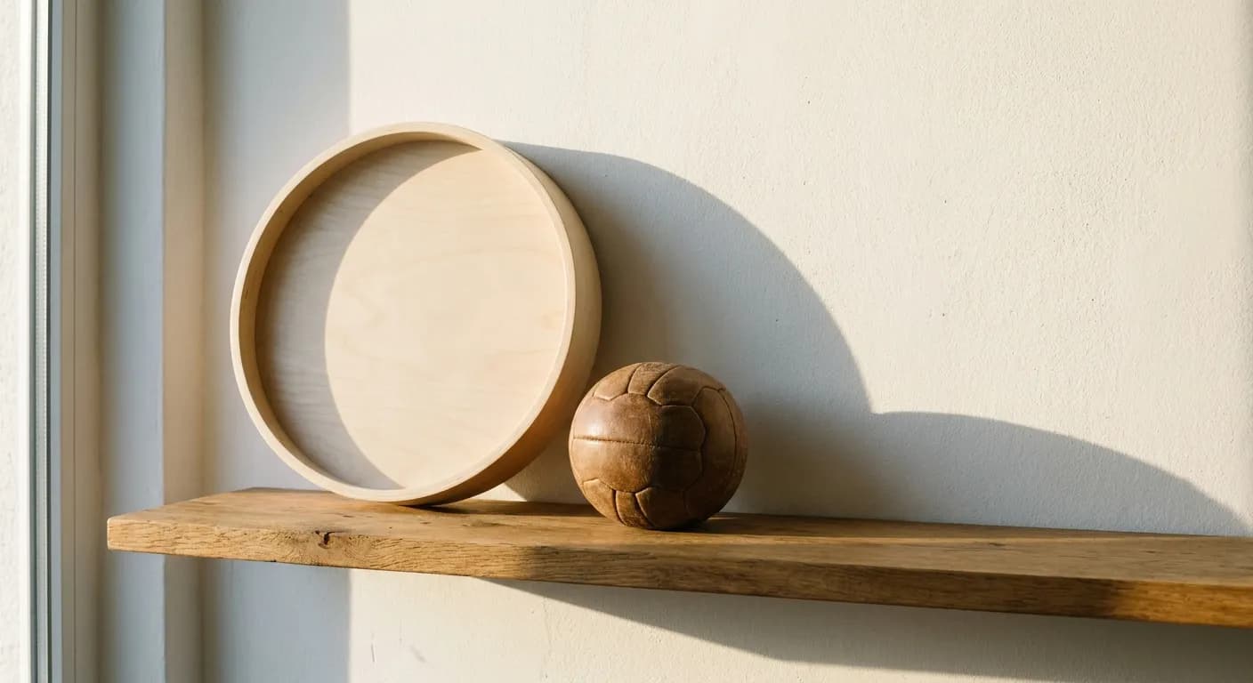 A wall clock beside a small soccer ball on a shelf with morning light casting long shadows