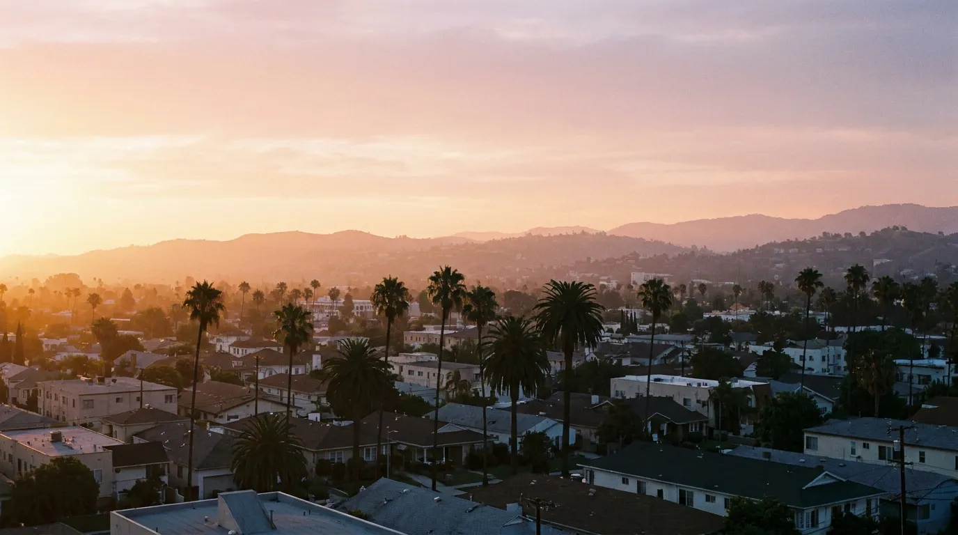 Sunrise light over quiet Los Angeles rooftops with hills in the distance