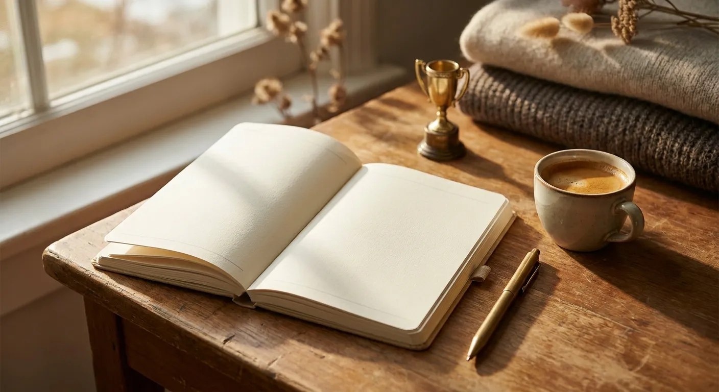 A planner notebook and espresso beside a small trophy figurine on a sunlit desk