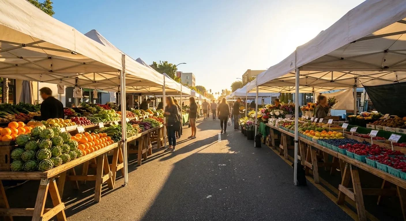 Vendor stalls line Arizona Avenue at Santa Monica Farmers Market with fresh produce displays under white canopies