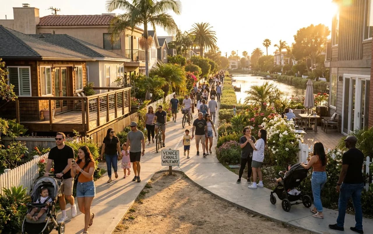 Pedestrian bridge arching over calm canal water reflecting golden sunset light in Venice, Los Angeles