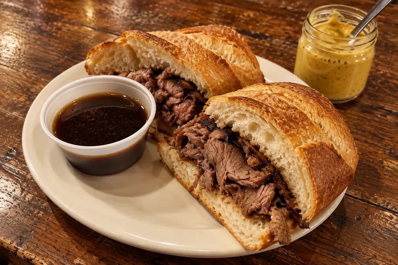 Close photograph of a French-dipped sandwich on a white plate beside a small pot of dark gravy and yellow mustard, framed over a worn wooden communal table.