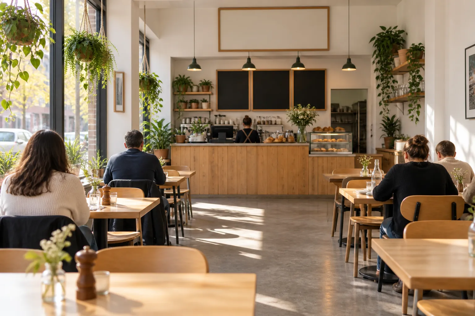 A bright dining room of light wood tables with a service till at the far end