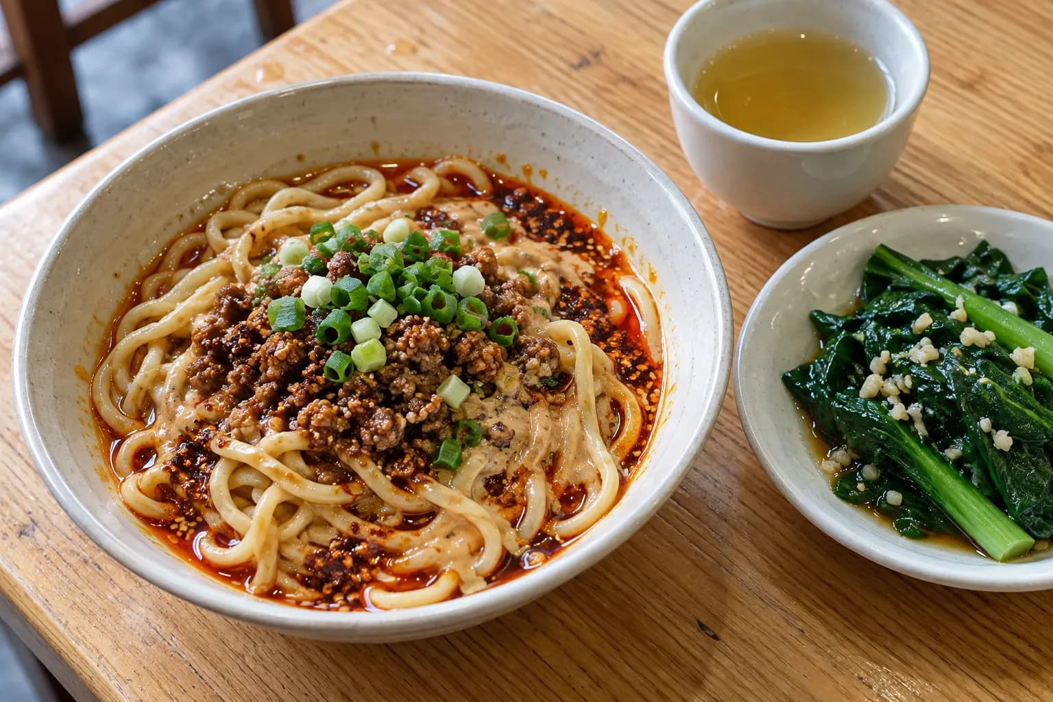 A bowl of sesame and chilli noodles with minced pork beside a plate of garlic greens
