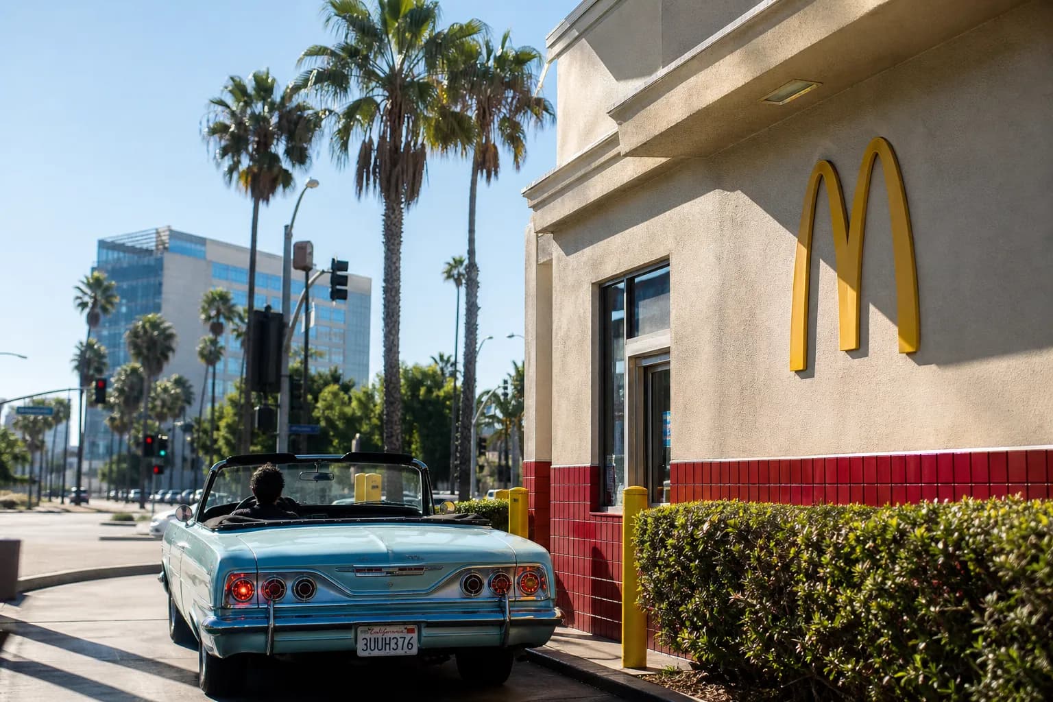 A classic golden arch sign towering over a palm-lined street in Los Angeles with cars lined up in the morning drive-thru.