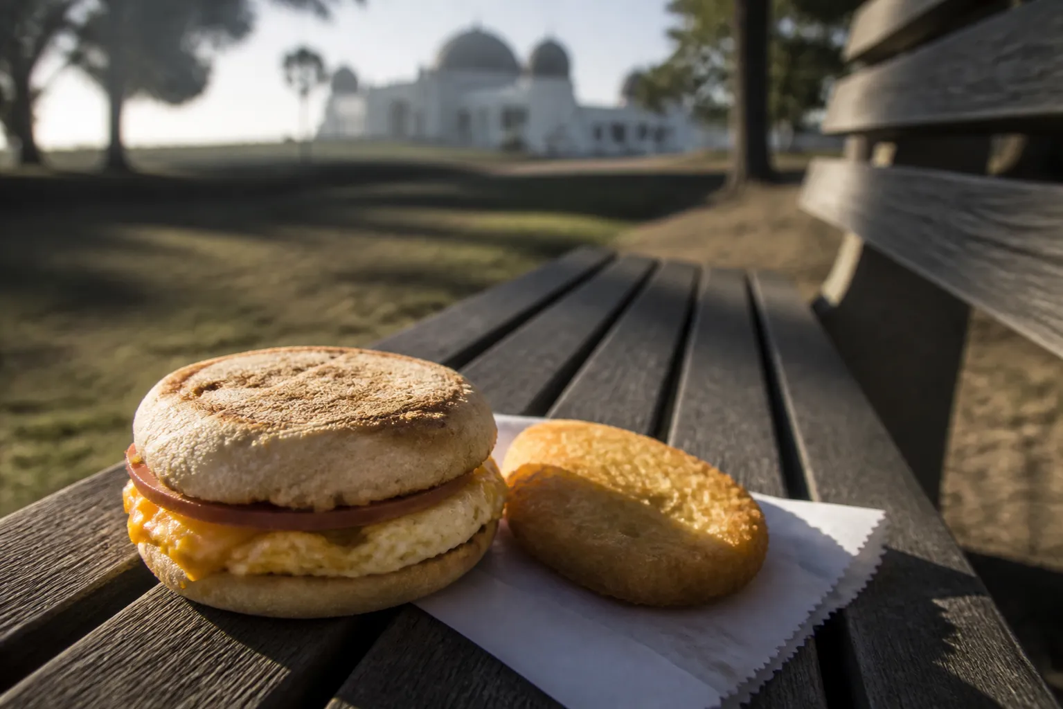 Egg McMuffin and hash brown on a park bench overlooking the Griffith Observatory.