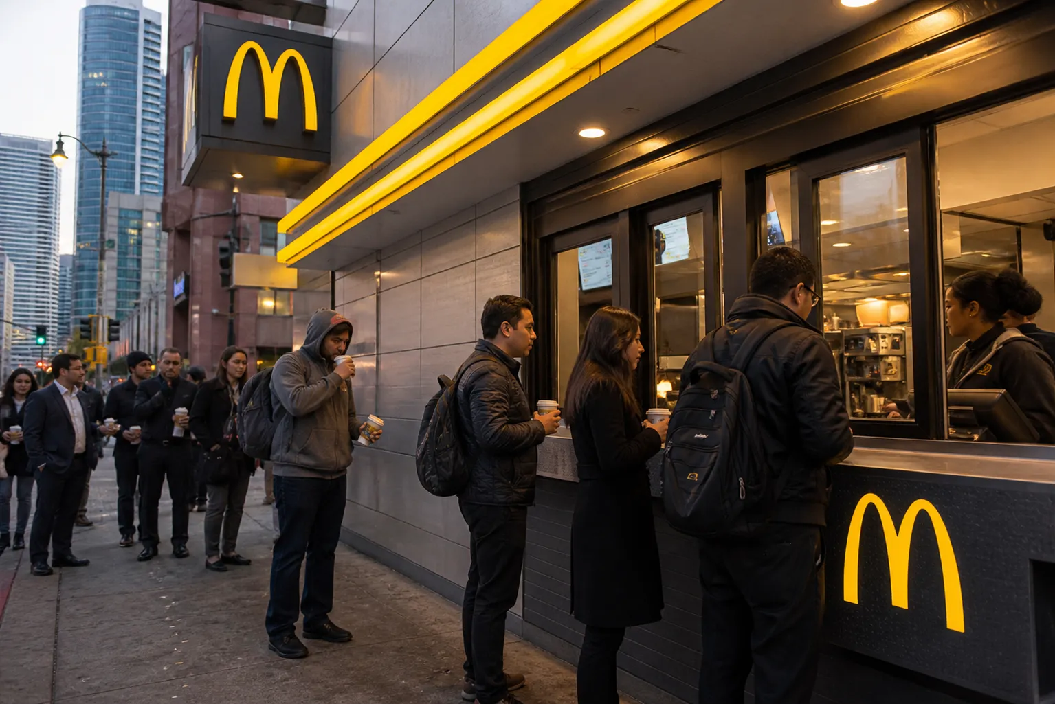 Morning commuters at the walk-up window of a downtown LA McDonald's.