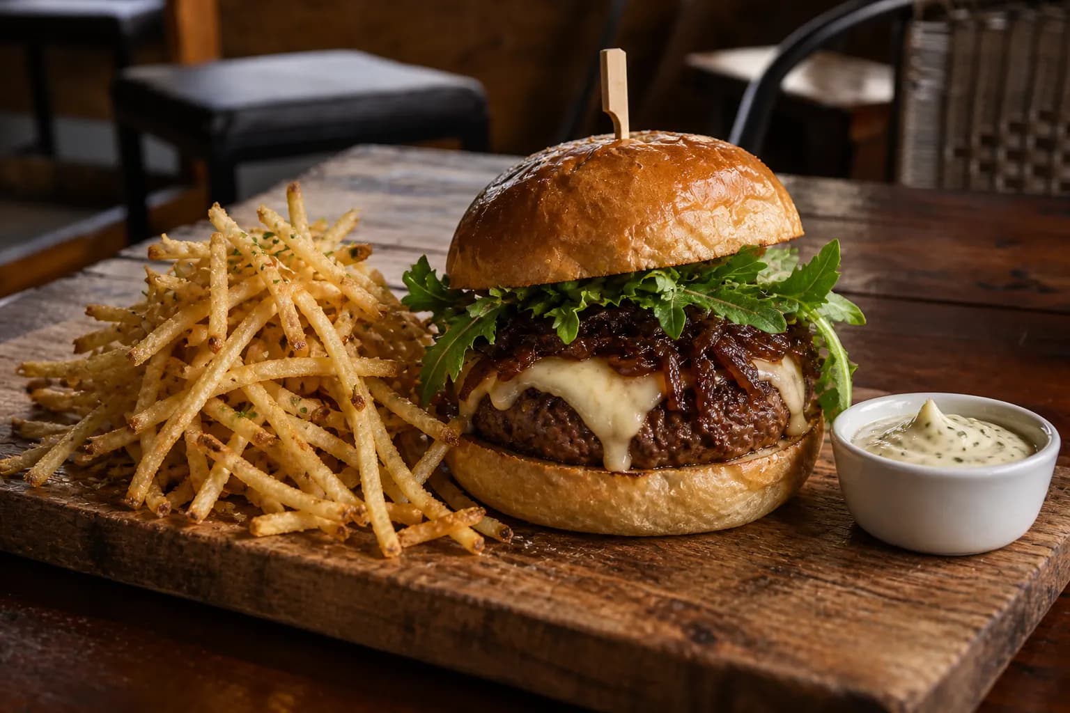 A burger on a wooden board with a heap of shoestring fries and a pot of aioli