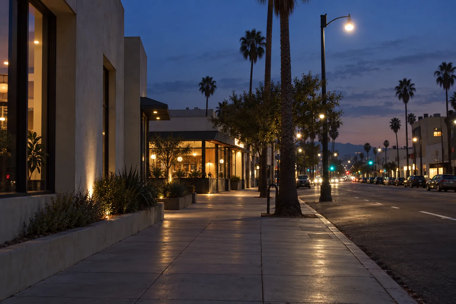 A wide, street-level view of Hollywood Boulevard in East Hollywood at dusk, with a low restaurant frontage, pavement and road leading through the frame, warm windows against pale concrete and a muted blue-grey sky.