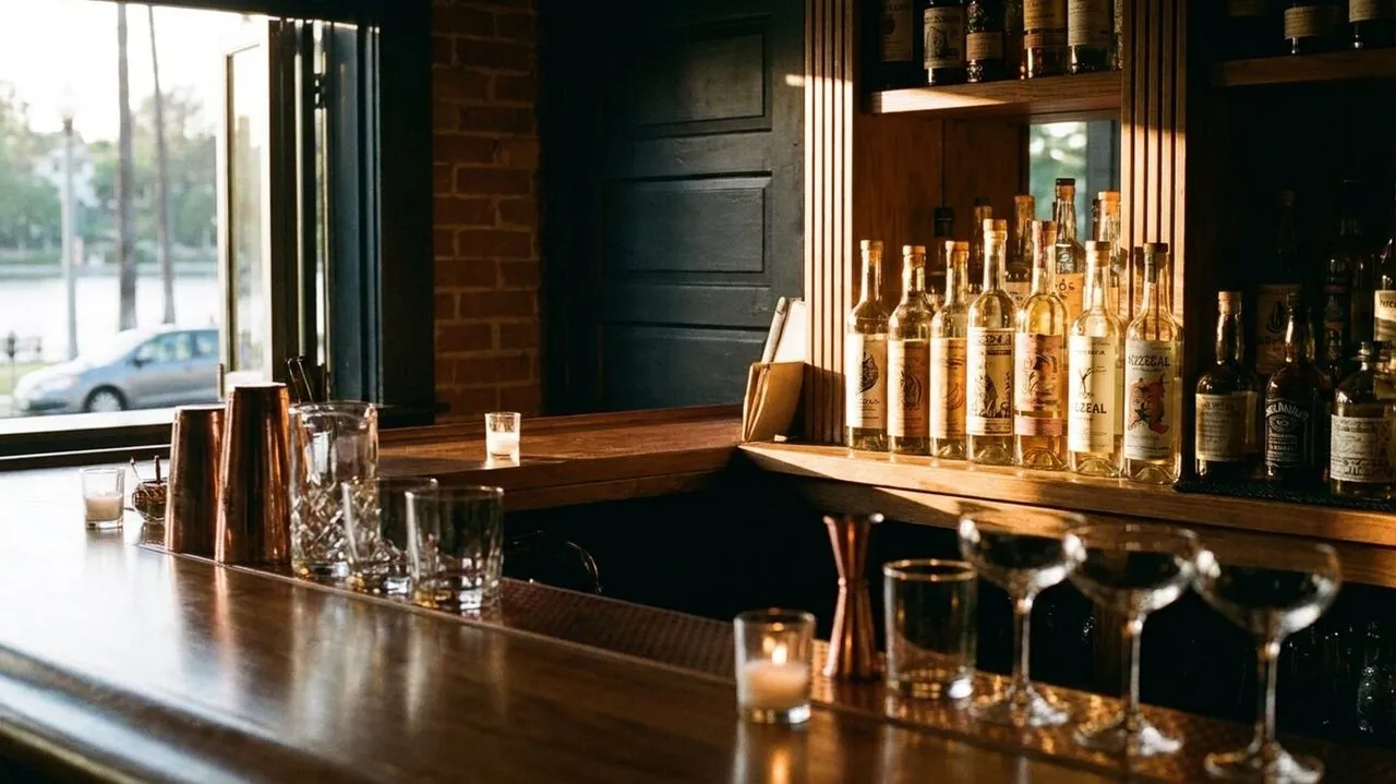 Candlelit bar counter with mezcal bottles backlit on shelves at Bar Flores in Echo Park