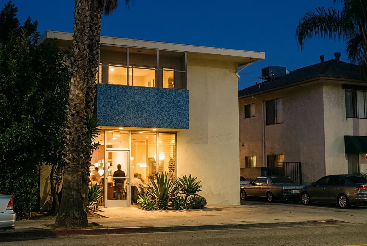 Warm light spilling from a West Hollywood restaurant storefront onto the sidewalk at night, palm tree silhouette at the edge of frame