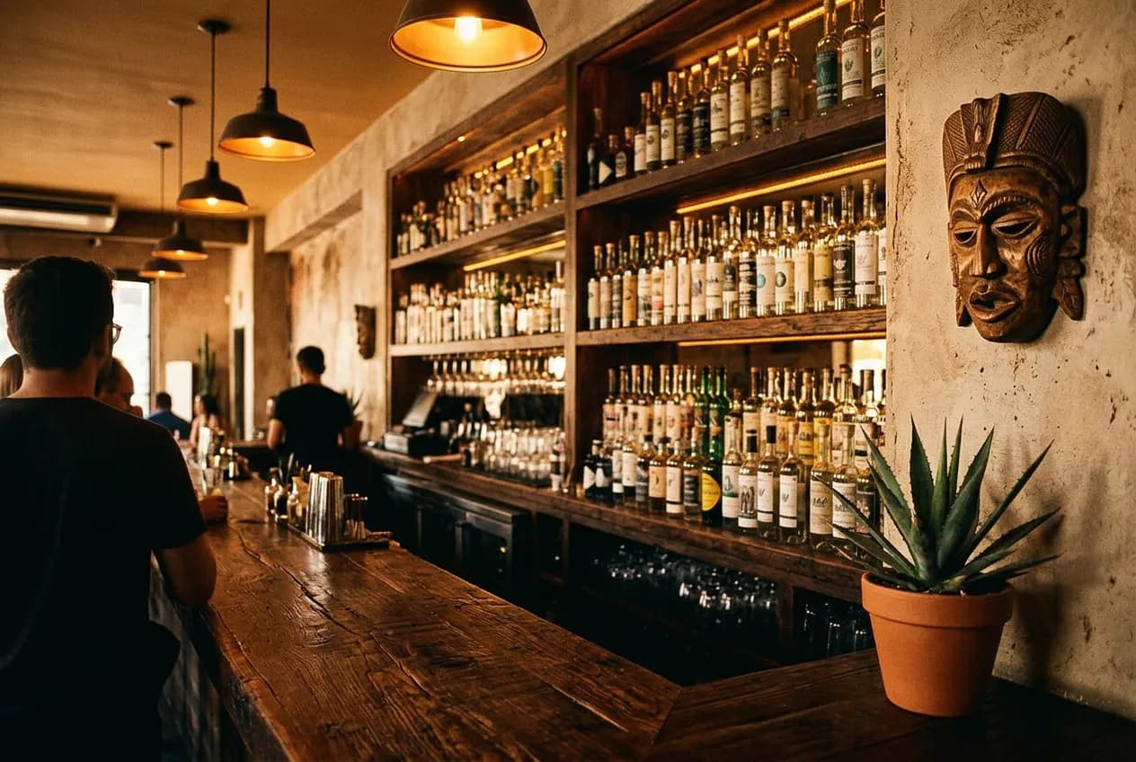 Rows of mezcal bottles on wooden shelving behind a bar counter with a carved wooden mask on the wall nearby