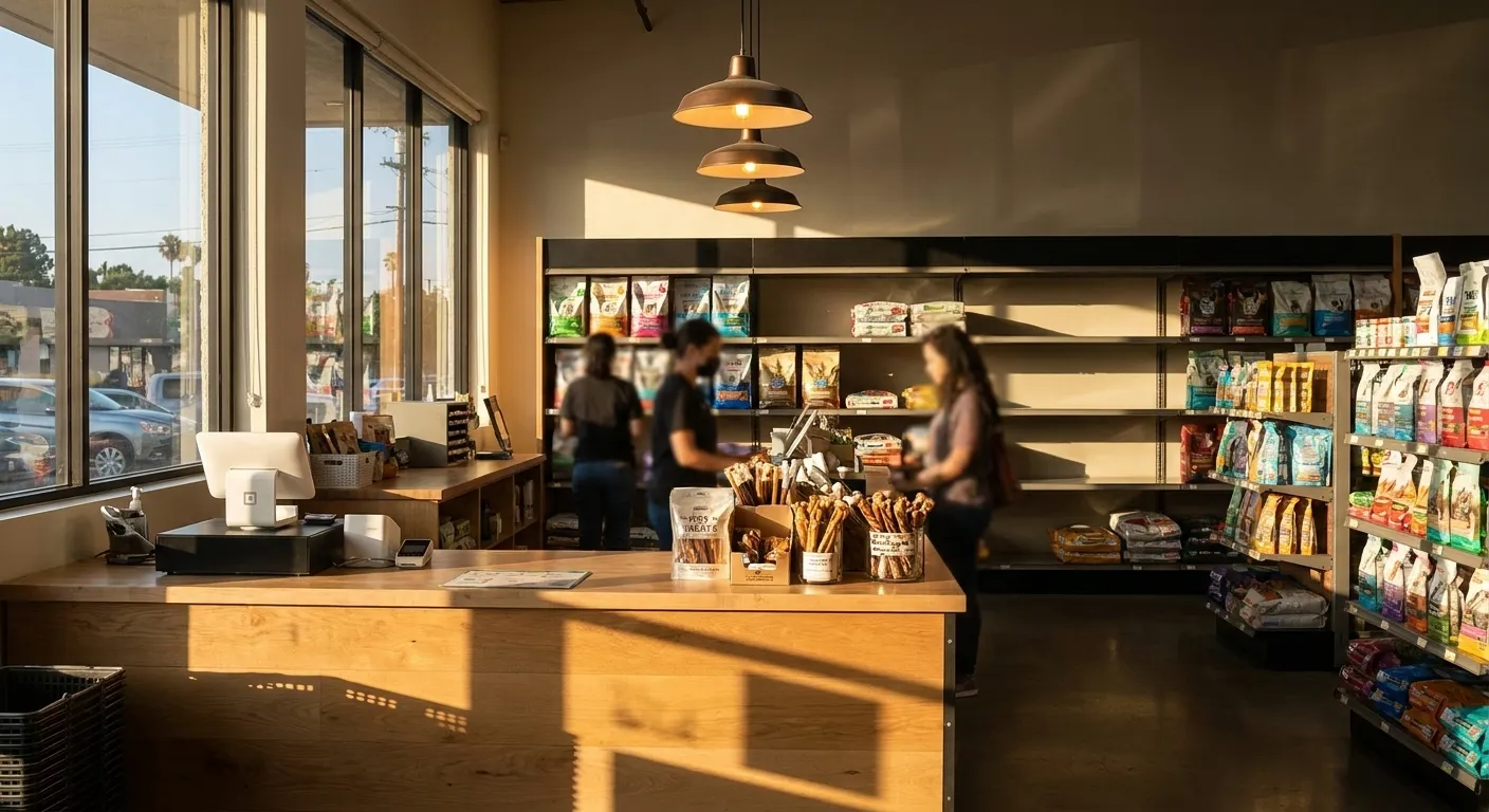 Retail counter at Centinela Feed & Pet Supplies with product shelves and register area in West Los Angeles