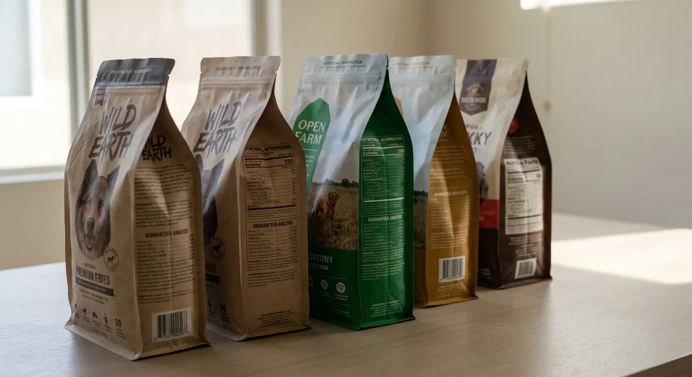Multiple premium dog food bags arranged side by side showing ingredient labels and guaranteed analysis panels
