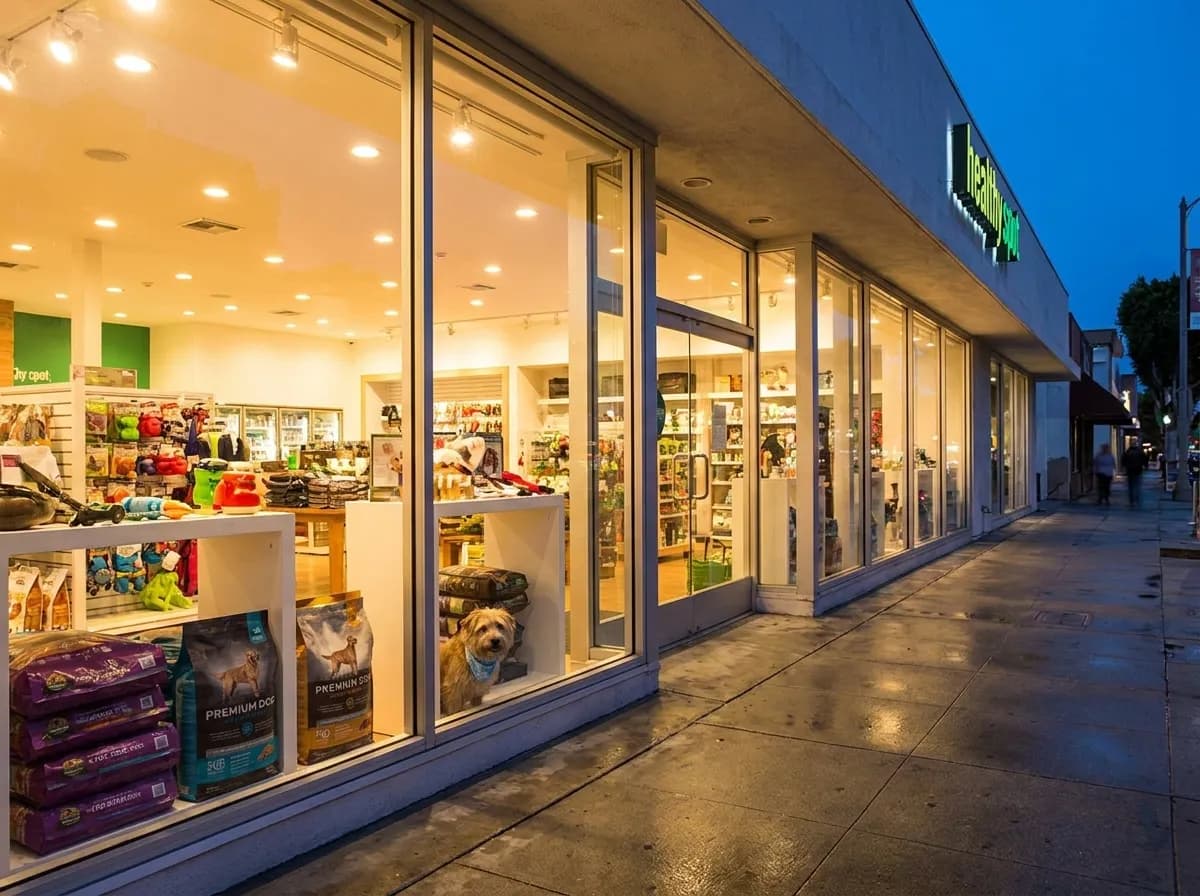 Healthy Spot pet supply store exterior on Wilshire Boulevard in Santa Monica at dusk, with illuminated windows showing product displays