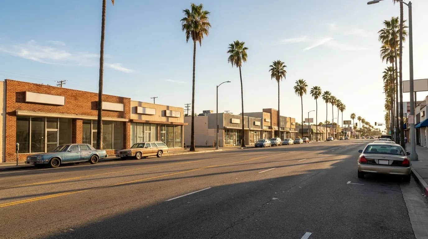 Centinela Avenue in West Los Angeles showing the retail corridor approaching the Centinela Feed location, with palm trees and commercial storefronts