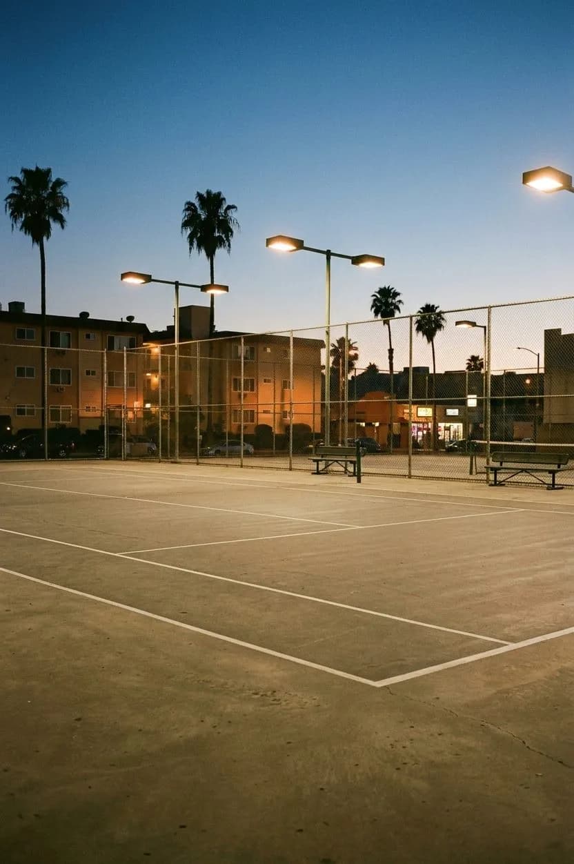 Lighted tennis court at dusk with chain-link fencing and palm trees in Hollywood