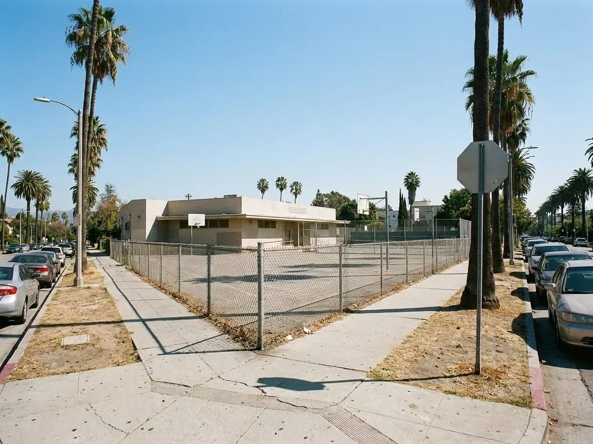 Poinsettia Recreation Center exterior on Willoughby Avenue in Hollywood with palm trees