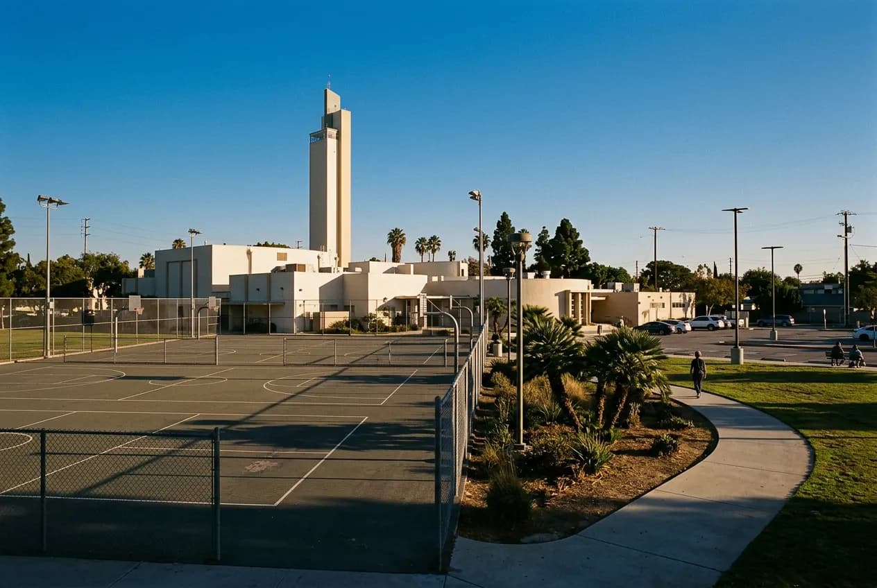 Outdoor paved courts and open parkland at a Culver City recreation complex under afternoon light