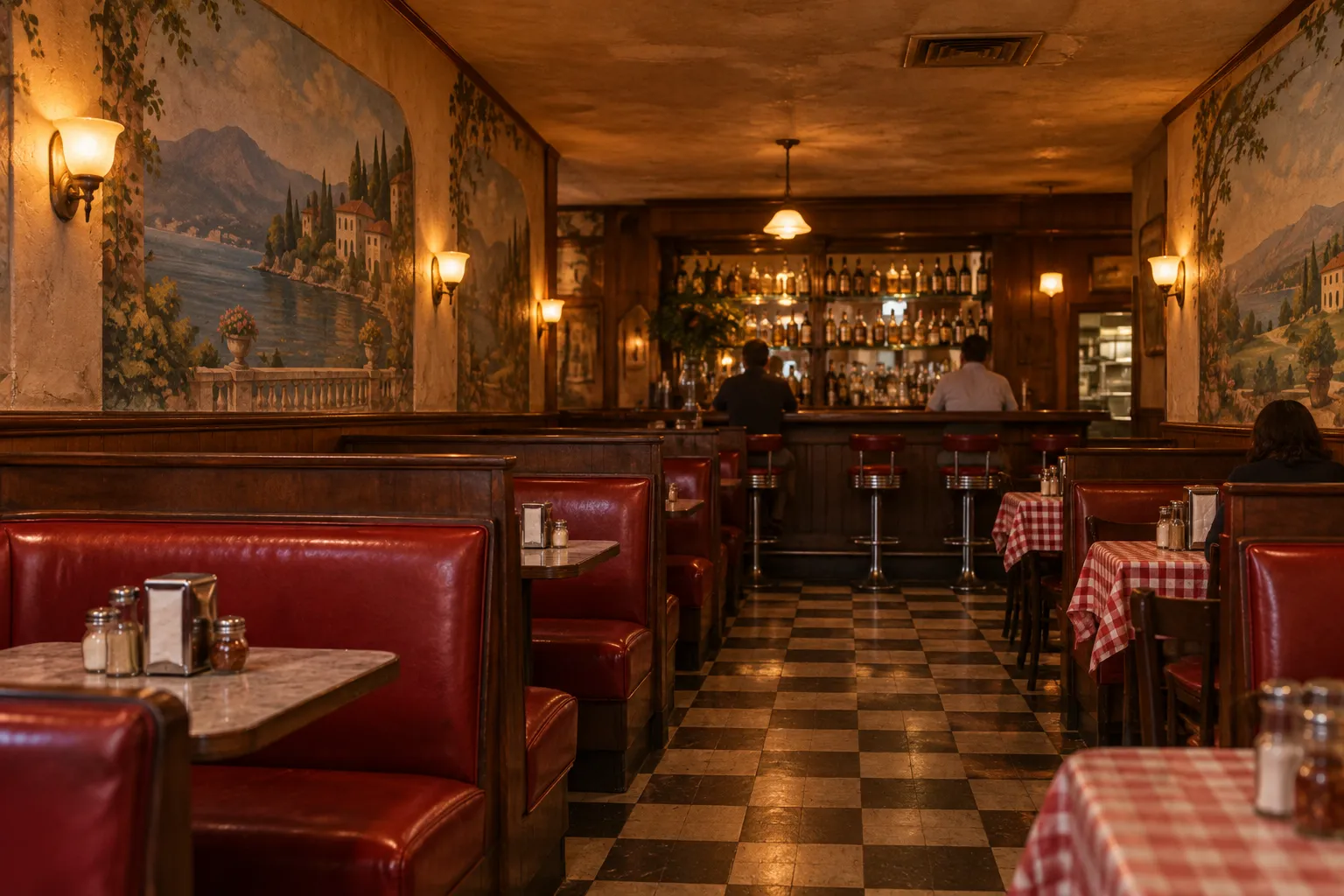 Red vinyl booths and painted murals in a small 1950s pizzeria, lit low and warm