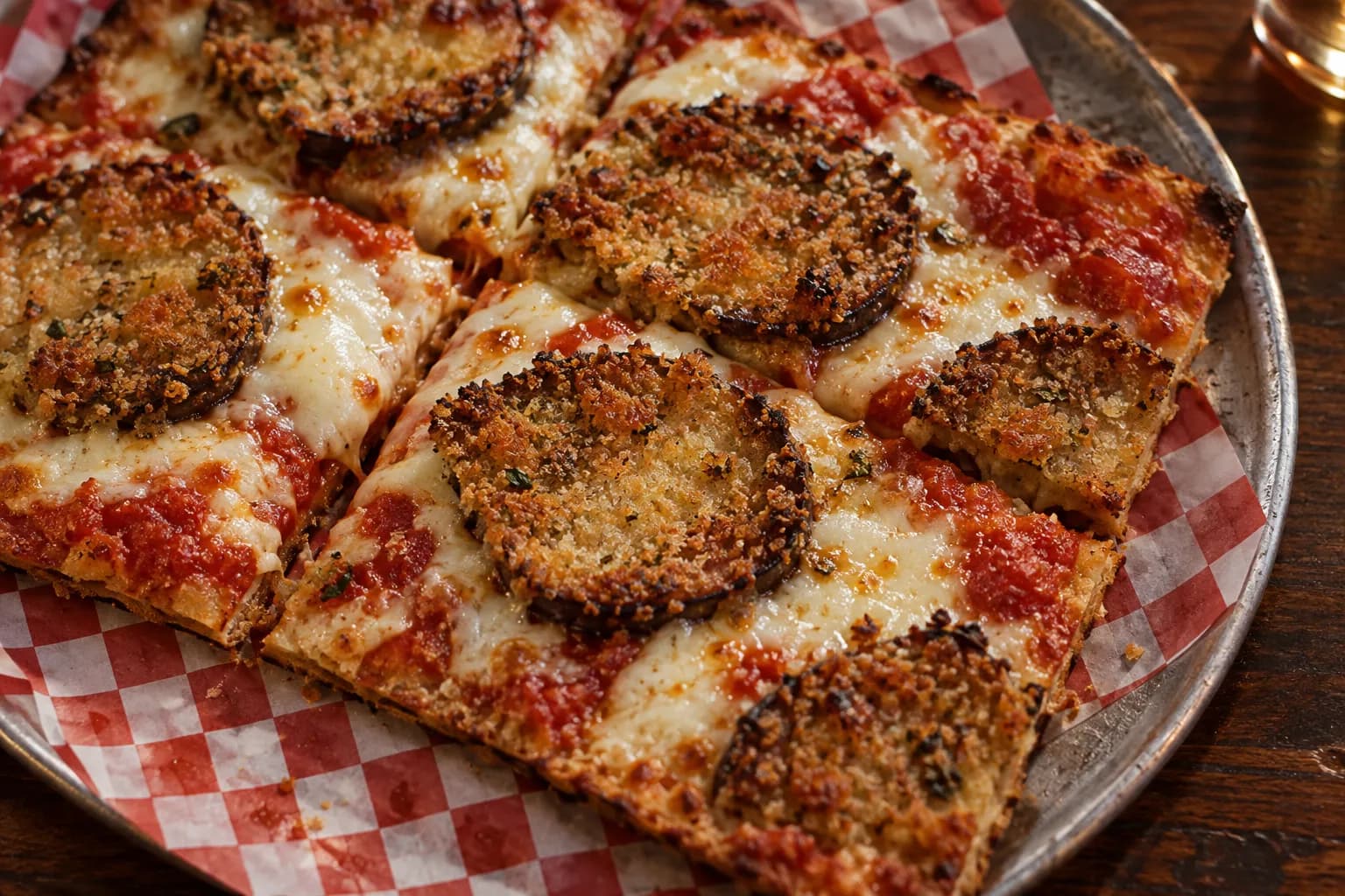A thin, crisp pizza topped with rounds of fried eggplant, cut into squares on a metal tray
