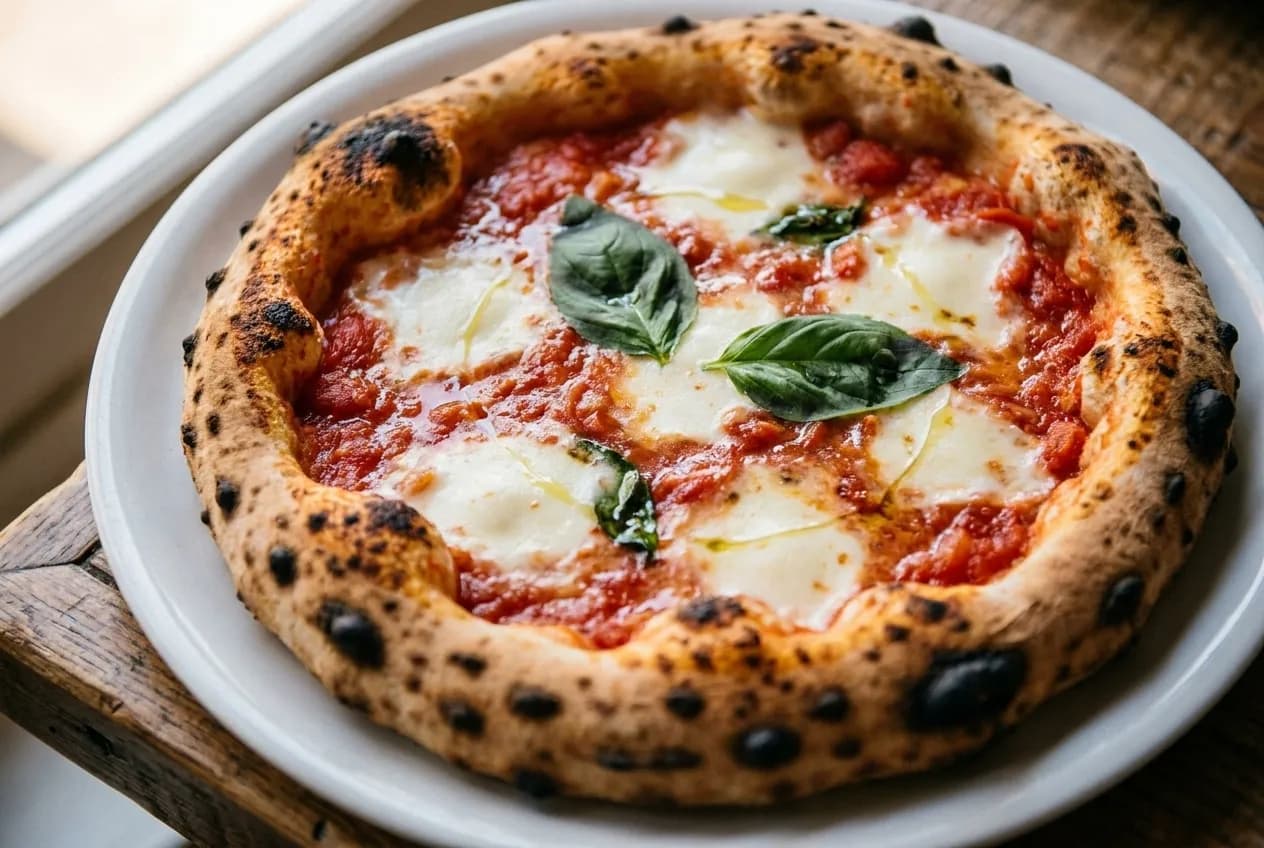 A Neapolitan margherita pizza with a puffed charred rim on a plain white plate