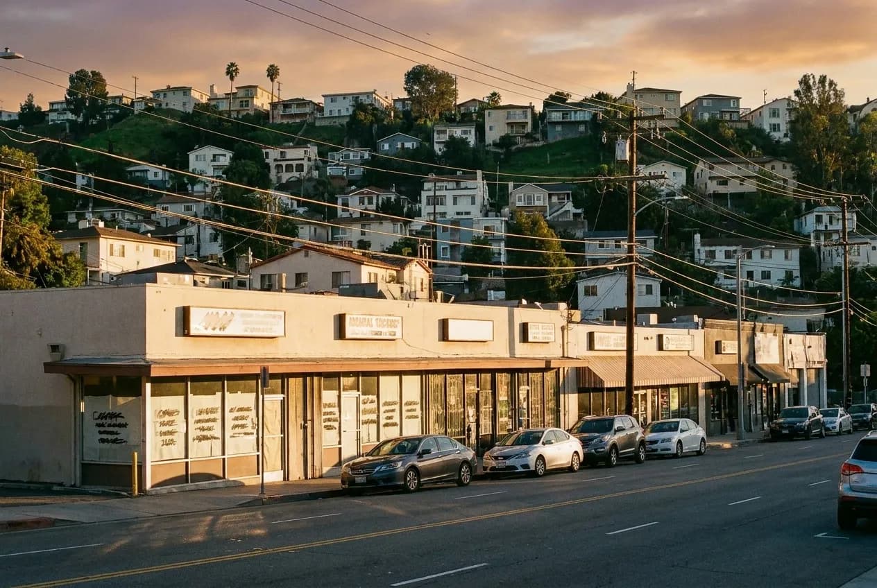 A low commercial strip on Glendale Boulevard in Echo Park with hills and houses rising behind it