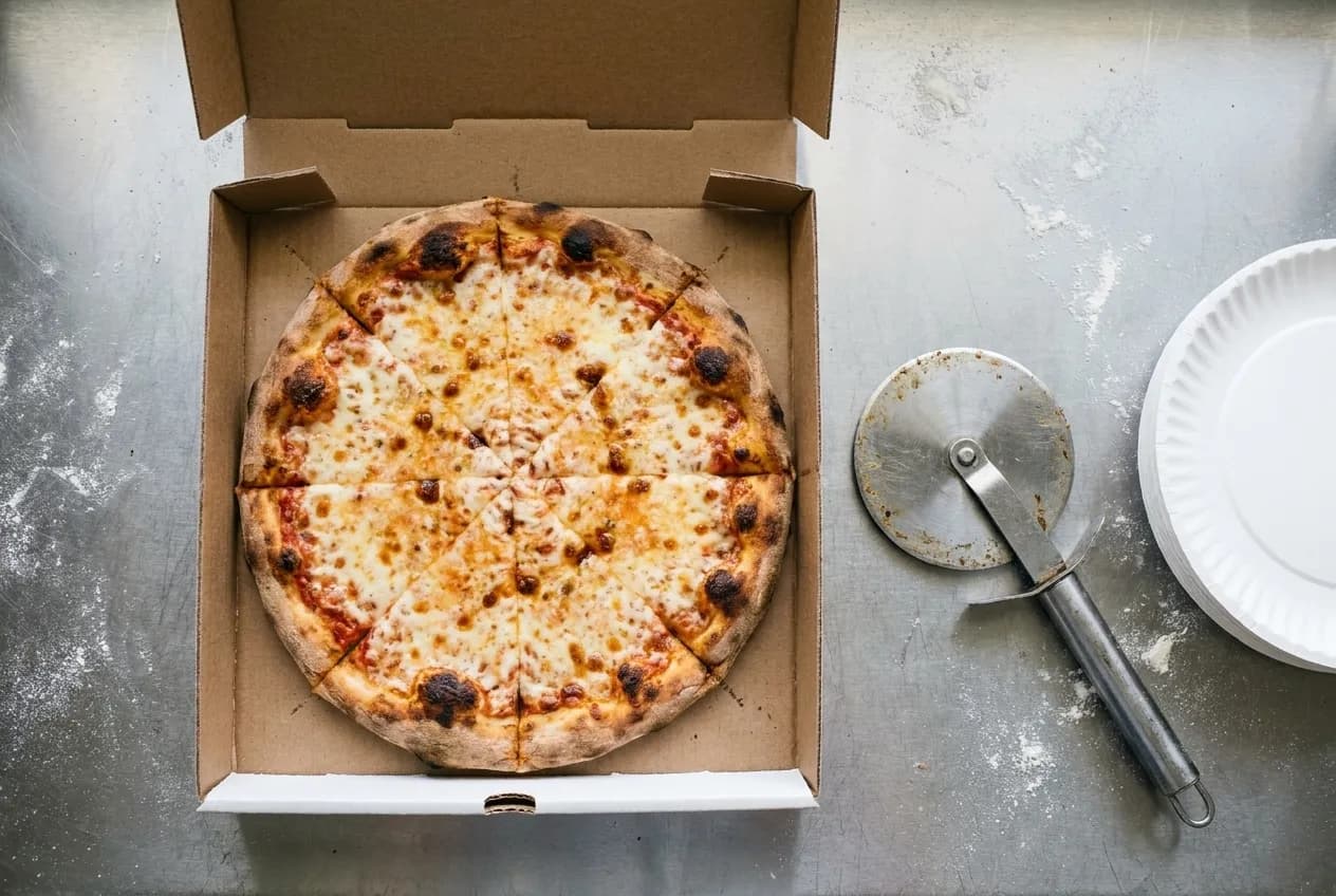 A whole pizza in an open cardboard box on a counter with a cutter beside it