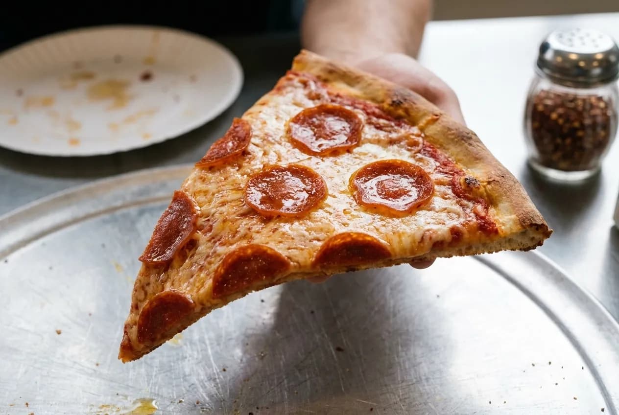 A wide New York-style pizza slice with a thin foldable base held over a metal tray