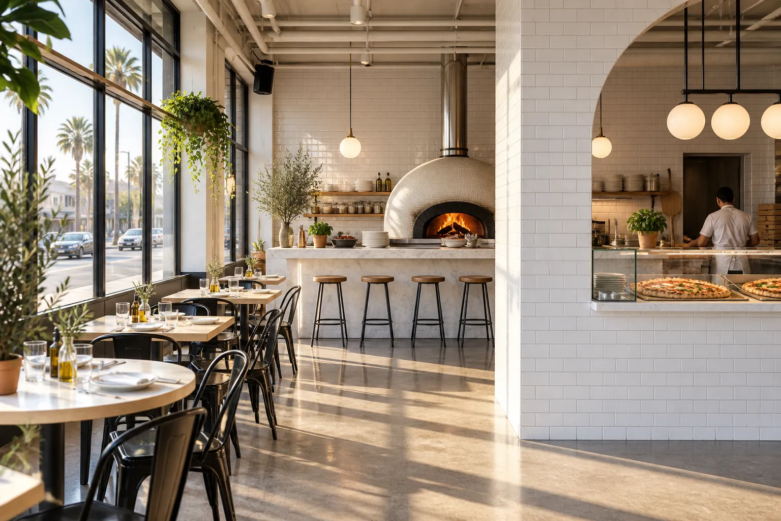A bright white-tiled dining room with a domed oven and a small marble bar along one side