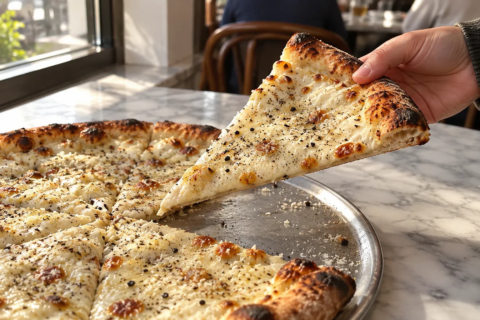 A slice of white pizza lifted clear of the pie, the base holding straight without folding