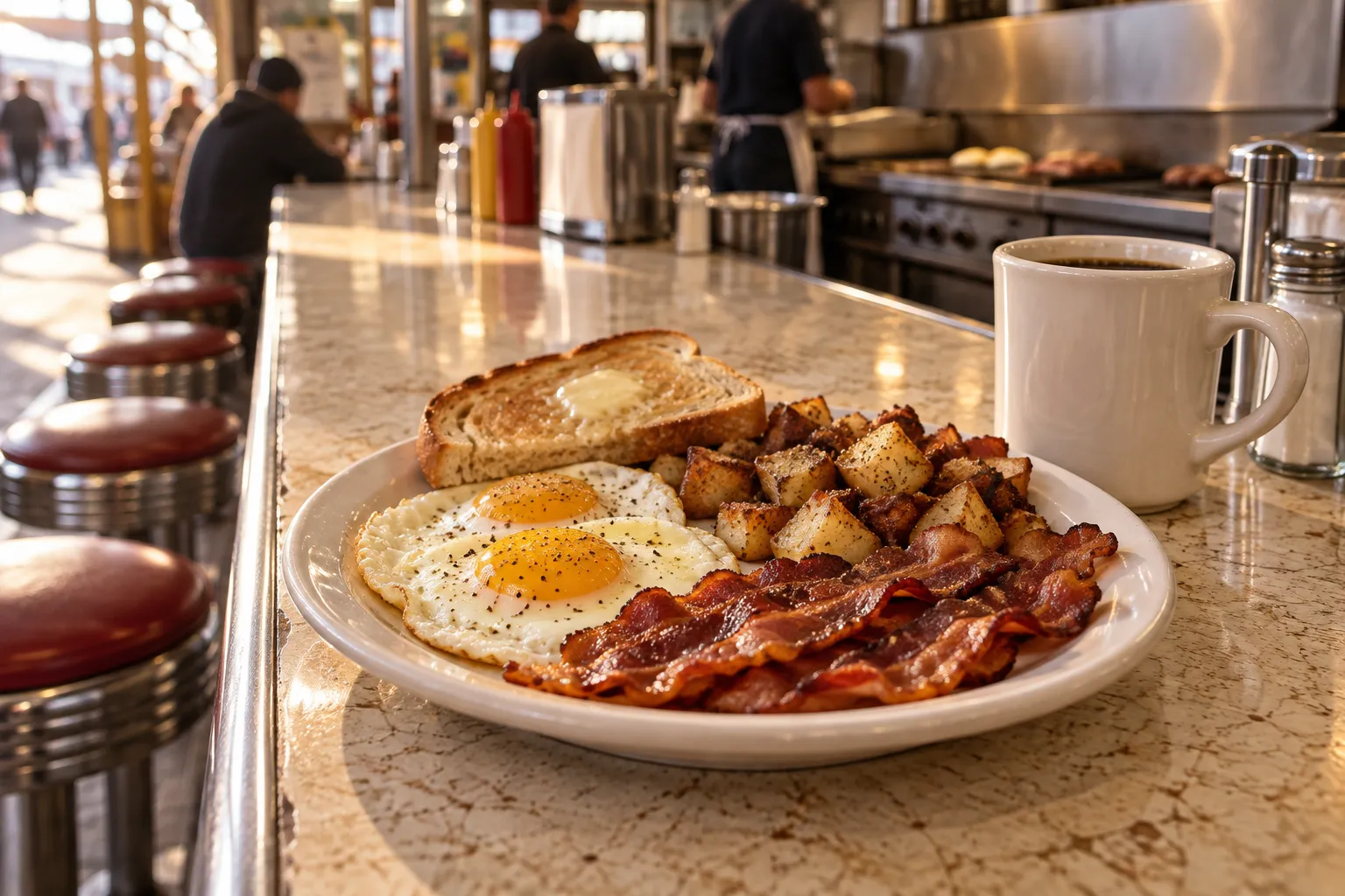 A breakfast plate and coffee on a worn market counter with stools alongside