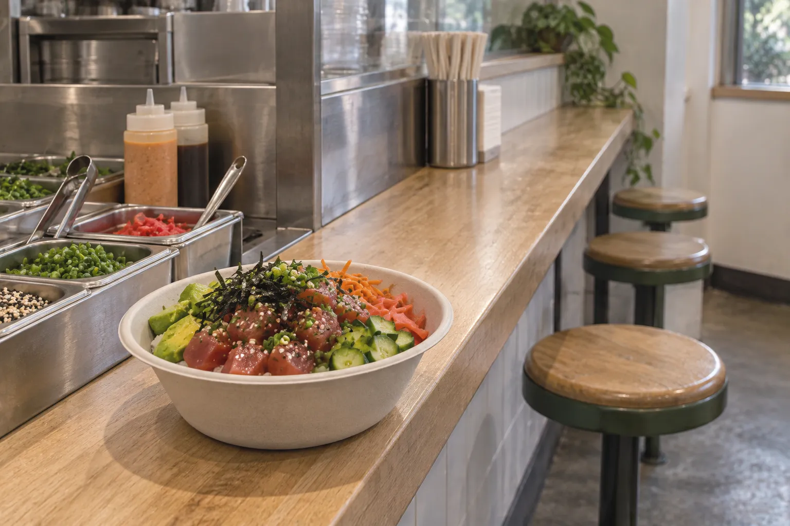 Compact indoor counter with a row of barstools, a prepared poke bowl on the counter, small condiment containers and a narrow informal dining area under soft overhead lighting.