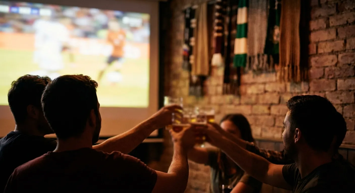 Friends' silhouettes watching a bright screen in a warmly lit bar with scarves on the wall