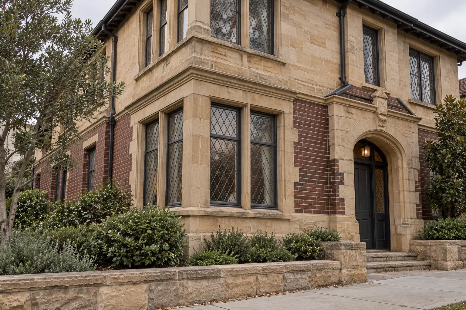 Closer oblique photograph of a sandstone-brick restaurant facade, showing leaded-glass windows, a corner entrance and layered architectural details in warm neutral light.